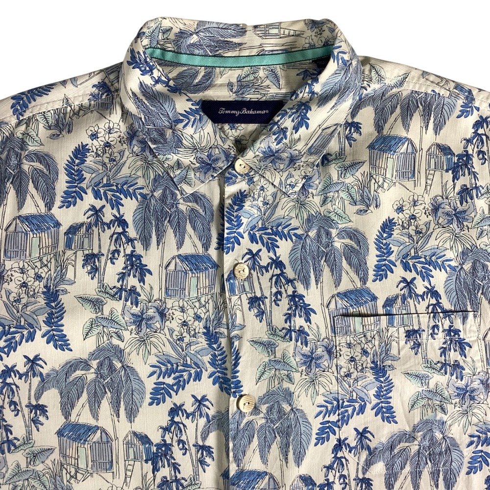 Tommy Bahama Mens XXL Blue White Silk Tropical Beach Hut Palm Tree Print Shirt